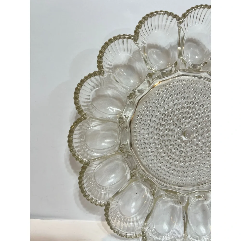 Indiana Glass Clear Deviled Egg Platter Scalloped Ribbed 15 Slot Hobnail Center